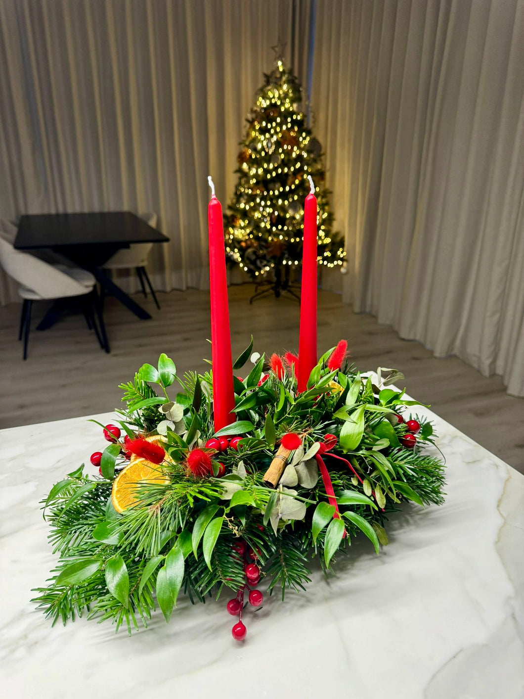 Double Candle Fresh Table Centrepieces | Winter Collection | fresh flowers (collect from shop only)