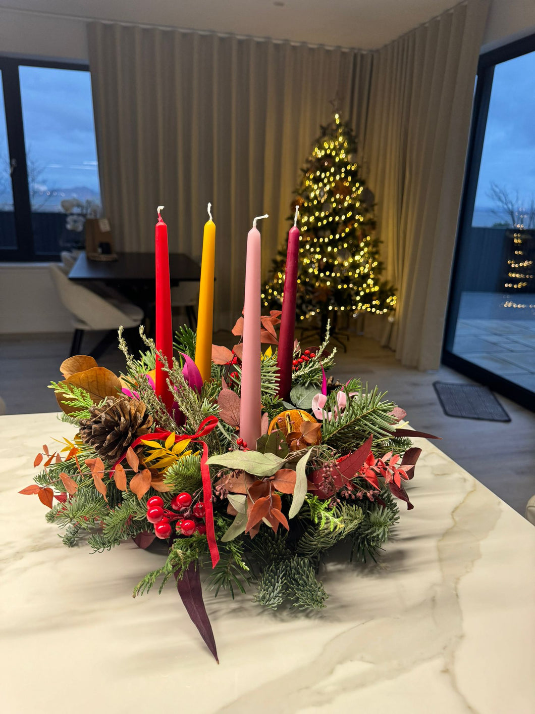 Quadruple Candle Fresh Table Centrepieces | Winter Collection | fresh flowers (collect from shop only)