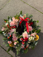 Load image into Gallery viewer, Pink Fresh Flower Graveside Wreath | WINTER COLLECTION | FRESH FLOWERS IN FIFE | FESTIVE WREATH
