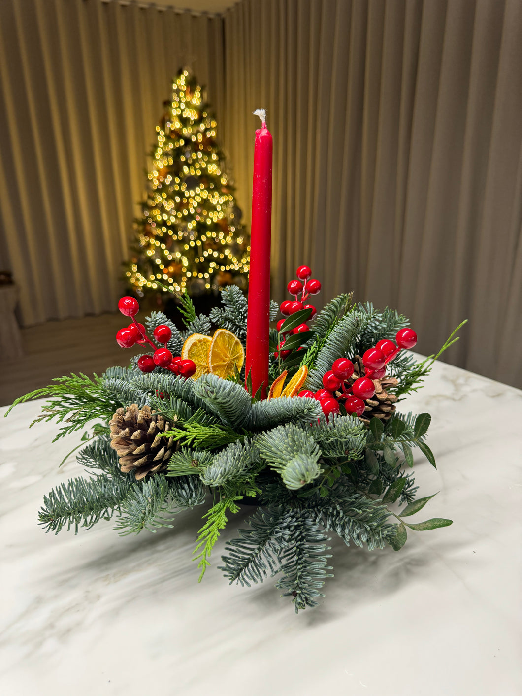 Single Candle Fresh Table Centrepieces | Winter Collection | fresh flowers (collect from shop only)